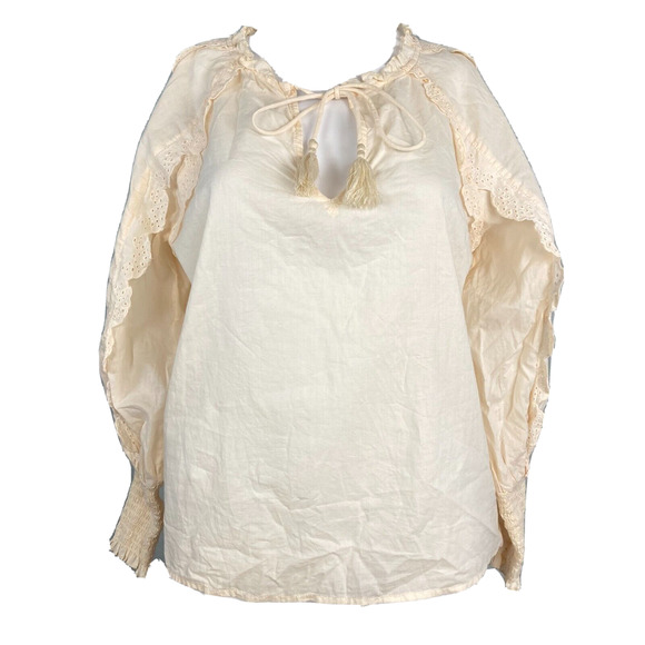 Zara Basic Shirt Womens Sz S Ivory Blush Cotton Eyelet Ruffle Peasant Blouse Top - Picture 1 of 7